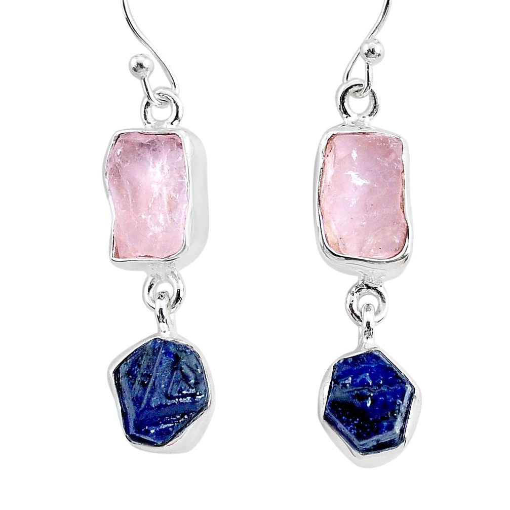 12.12cts natural pink rose quartz raw sapphire rough silver earrings r93710