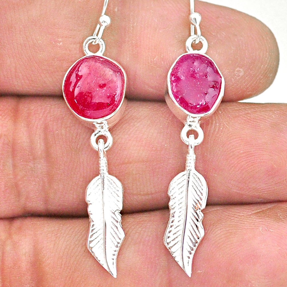 10.38cts natural pink ruby rough 925 silver deltoid leaf earrings r90040