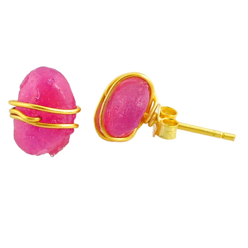 8.79cts natural pink ruby raw fancy 14k gold handmade stud earrings r79776