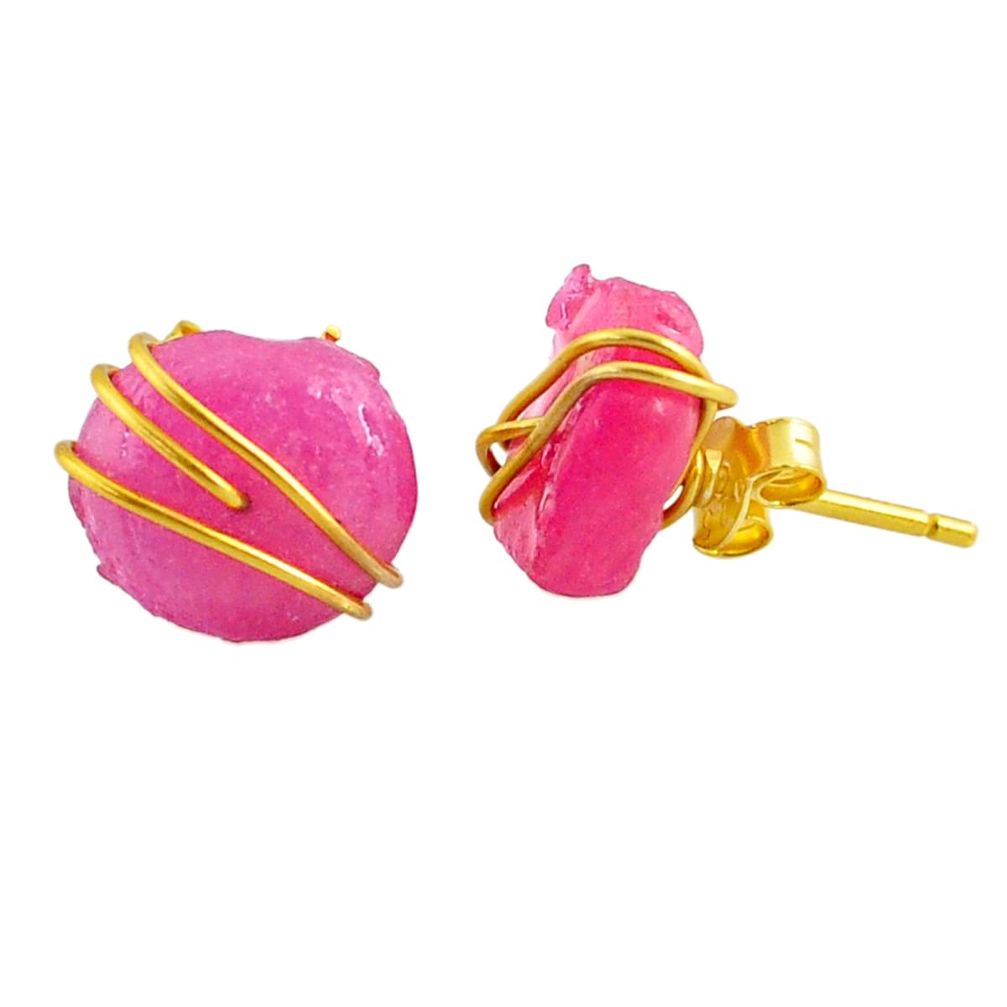 10.50cts natural pink ruby raw fancy 14k gold handmade stud earrings r79778