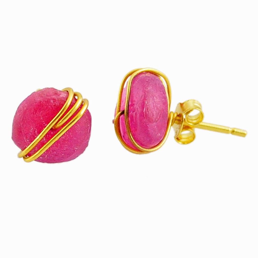 8.24cts natural pink ruby raw fancy 14k gold handmade stud earrings r79779