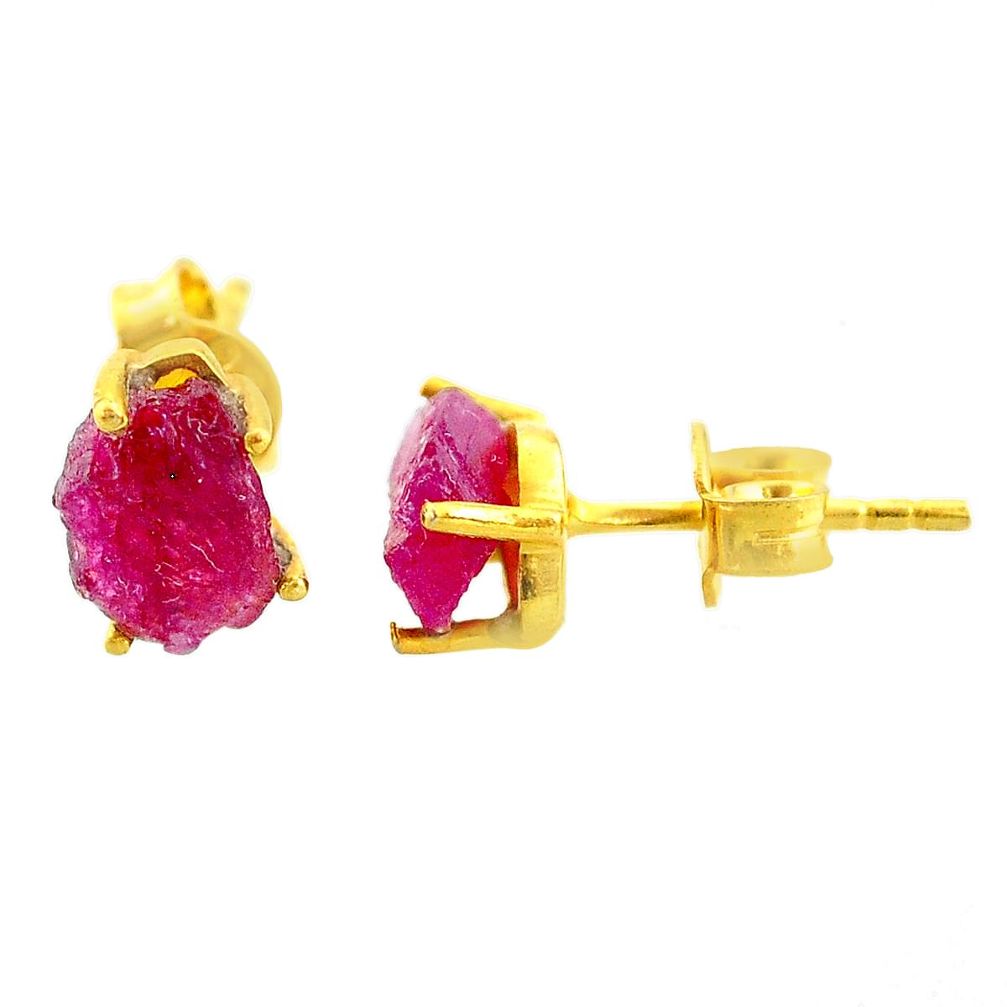 4.29cts natural pink ruby raw 14k gold handmade stud earrings t7472