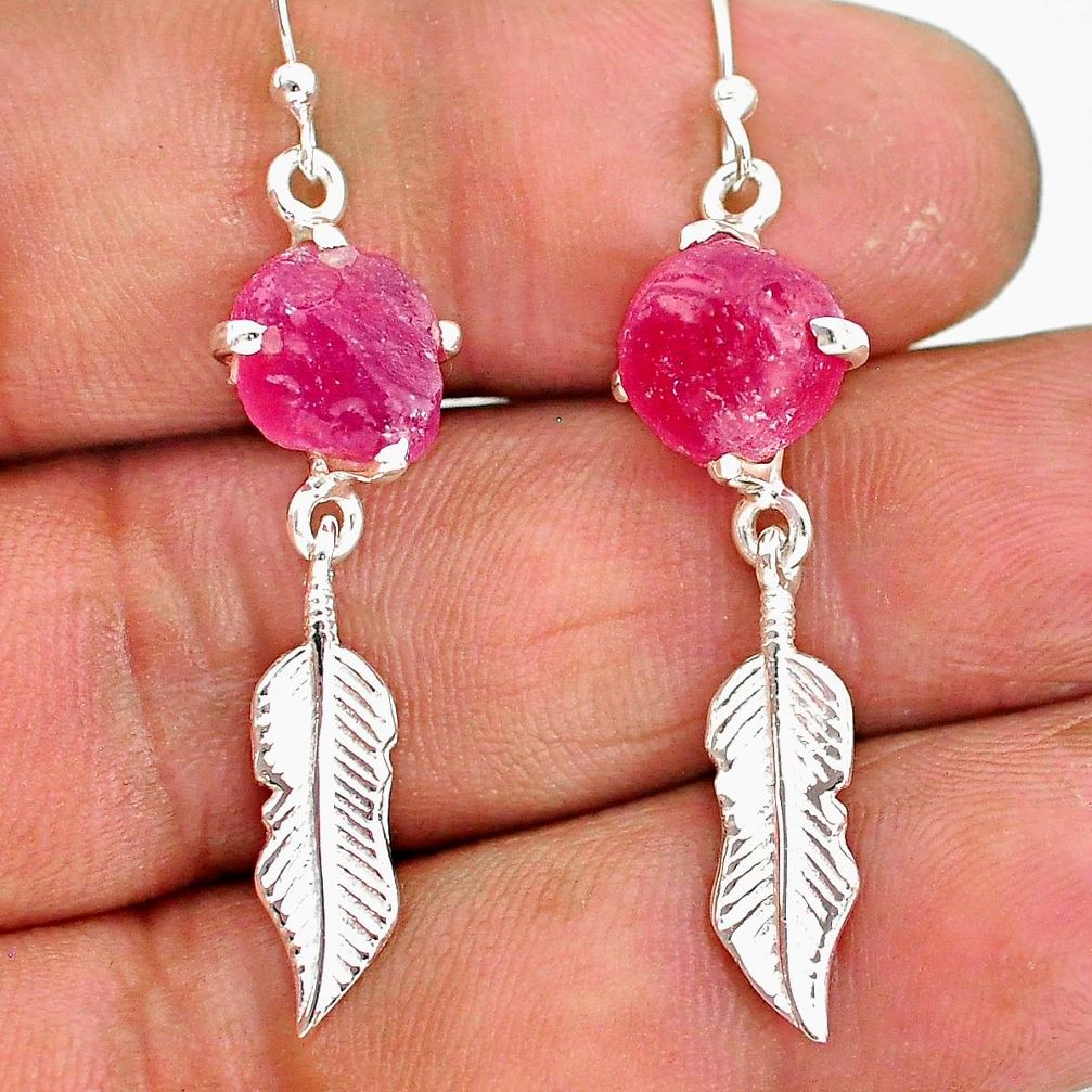 8.49cts natural pink ruby raw 925 sterling silver deltoid leaf earrings r90759