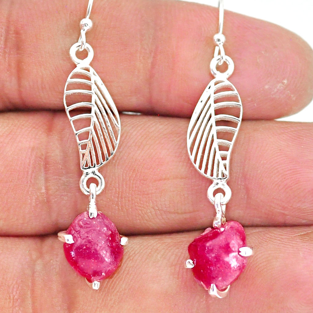 8.23cts natural pink ruby raw 925 sterling silver deltoid leaf earrings r90799