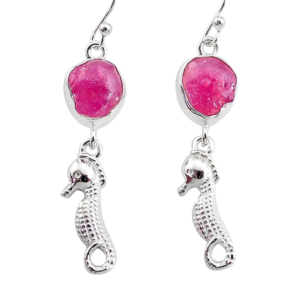 9.18cts natural pink ruby raw 925 sterling silver seahorse dangle earrings t4323