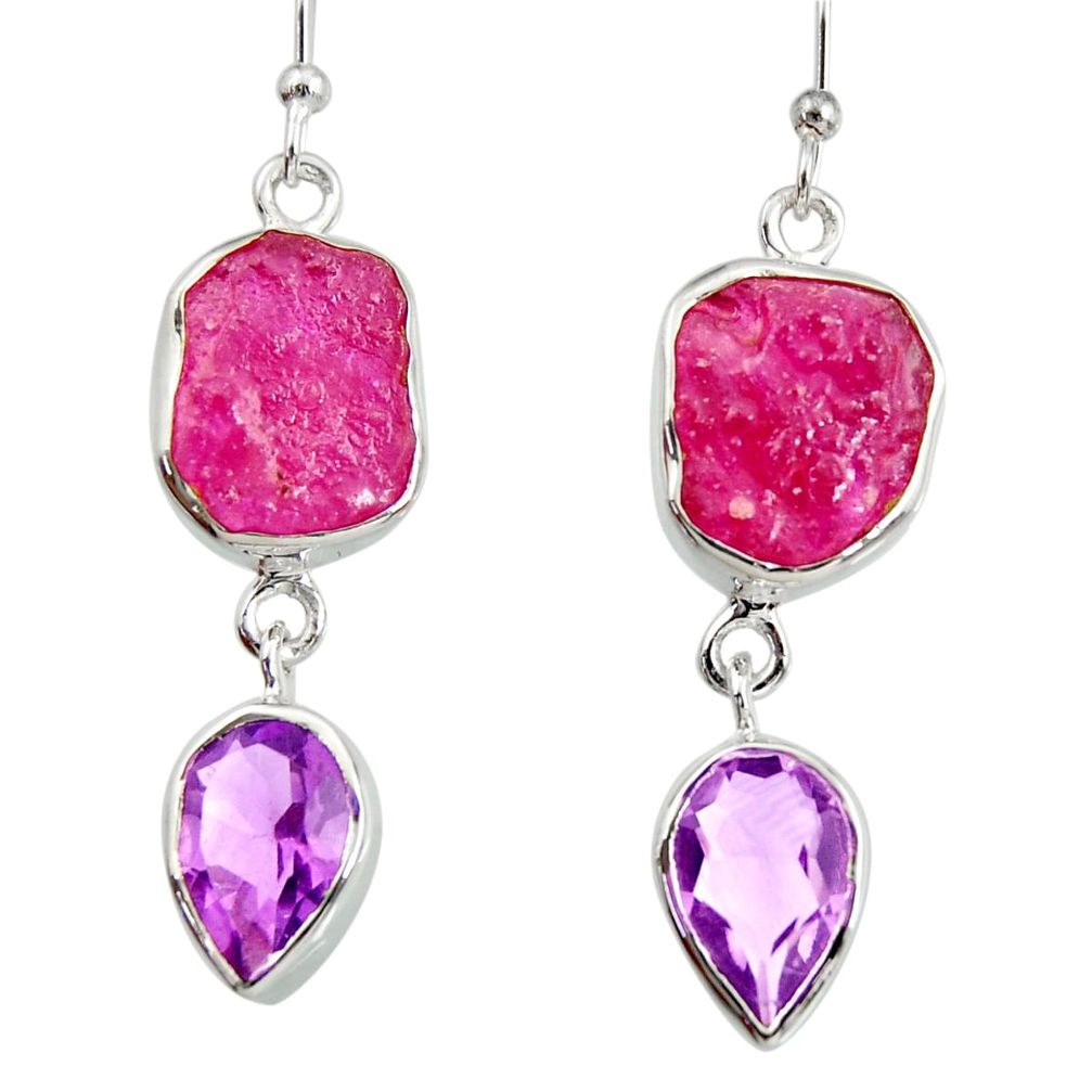 12.96cts natural pink ruby rough amethyst 925 silver dangle earrings d40325