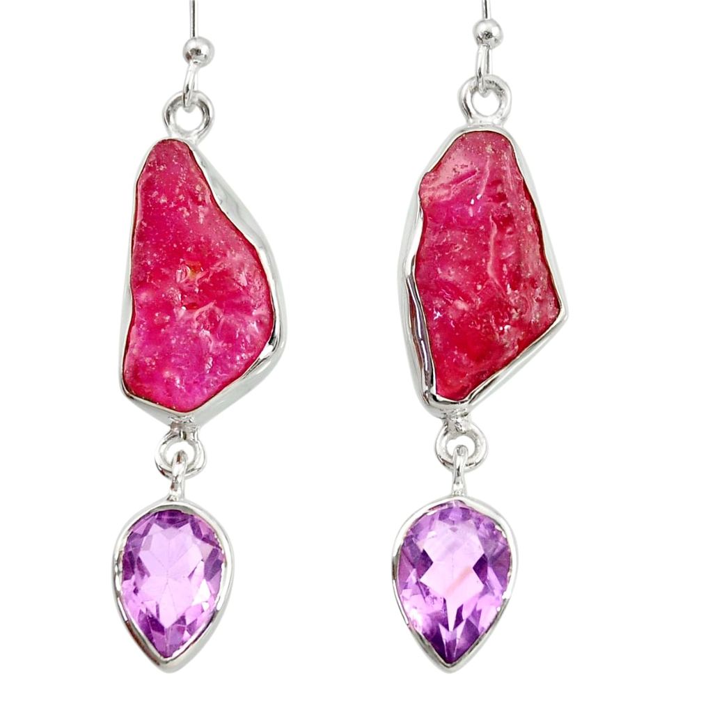 17.69cts natural pink ruby rough amethyst 925 silver dangle earrings d40331