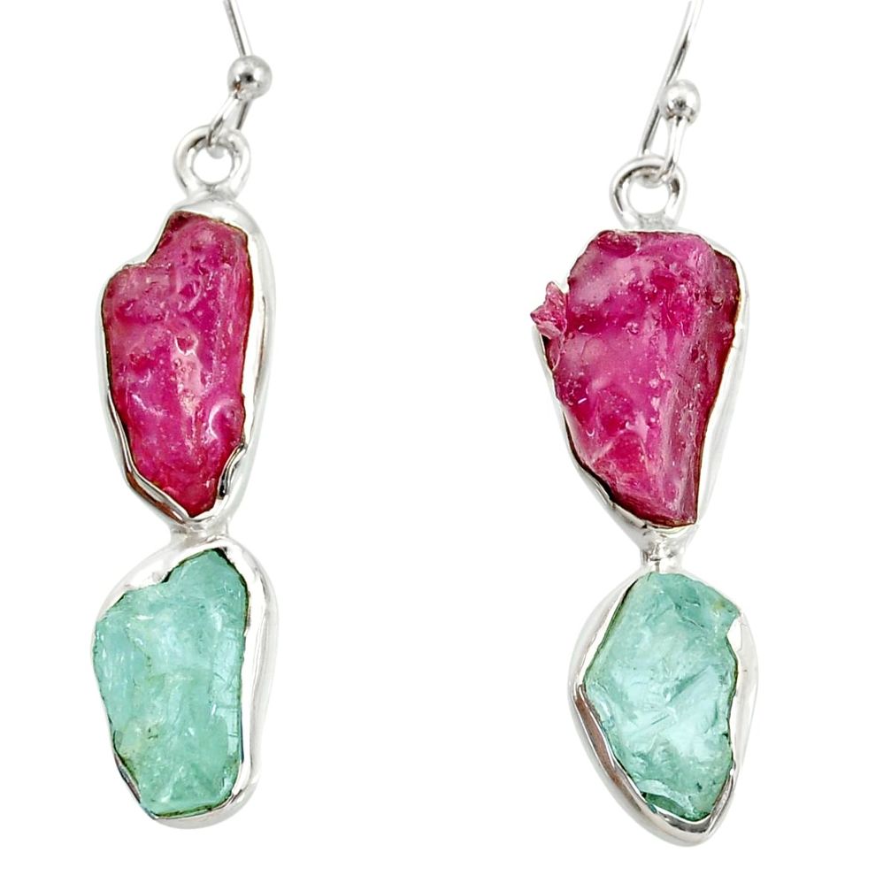 14.90cts natural pink ruby rough aquamarine rough 925 silver earrings d40327