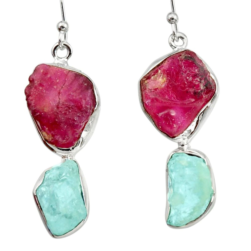 20.86cts natural pink ruby rough aquamarine rough 925 silver earrings d40334