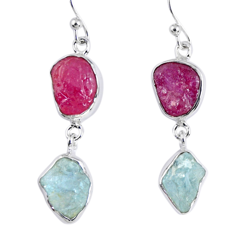 15.80cts natural pink ruby rough aquamarine rough 925 silver earrings r55383