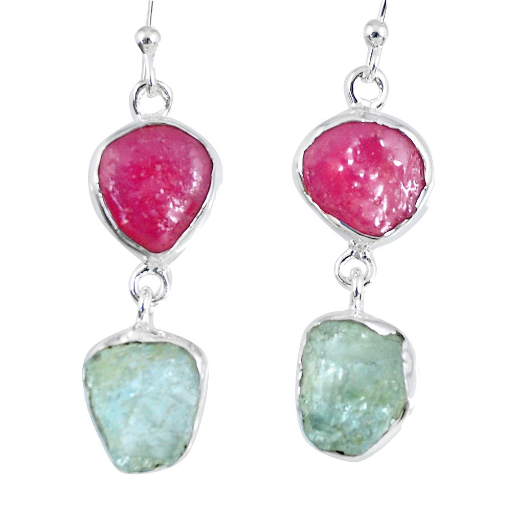 16.17cts natural pink ruby rough aquamarine rough 925 silver earrings r55419