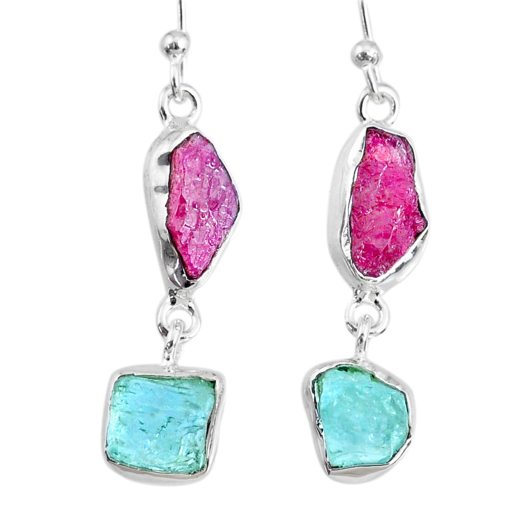 10.79cts natural pink ruby raw aquamarine rough 925 silver earrings r74301