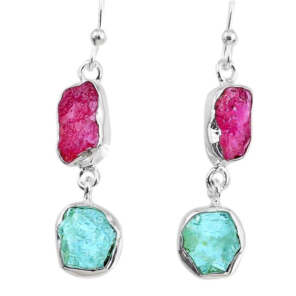 10.79cts natural pink ruby raw aquamarine rough 925 silver earrings r74303