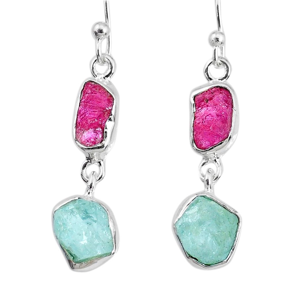 9.27cts natural pink ruby raw aquamarine rough 925 silver earrings r74307