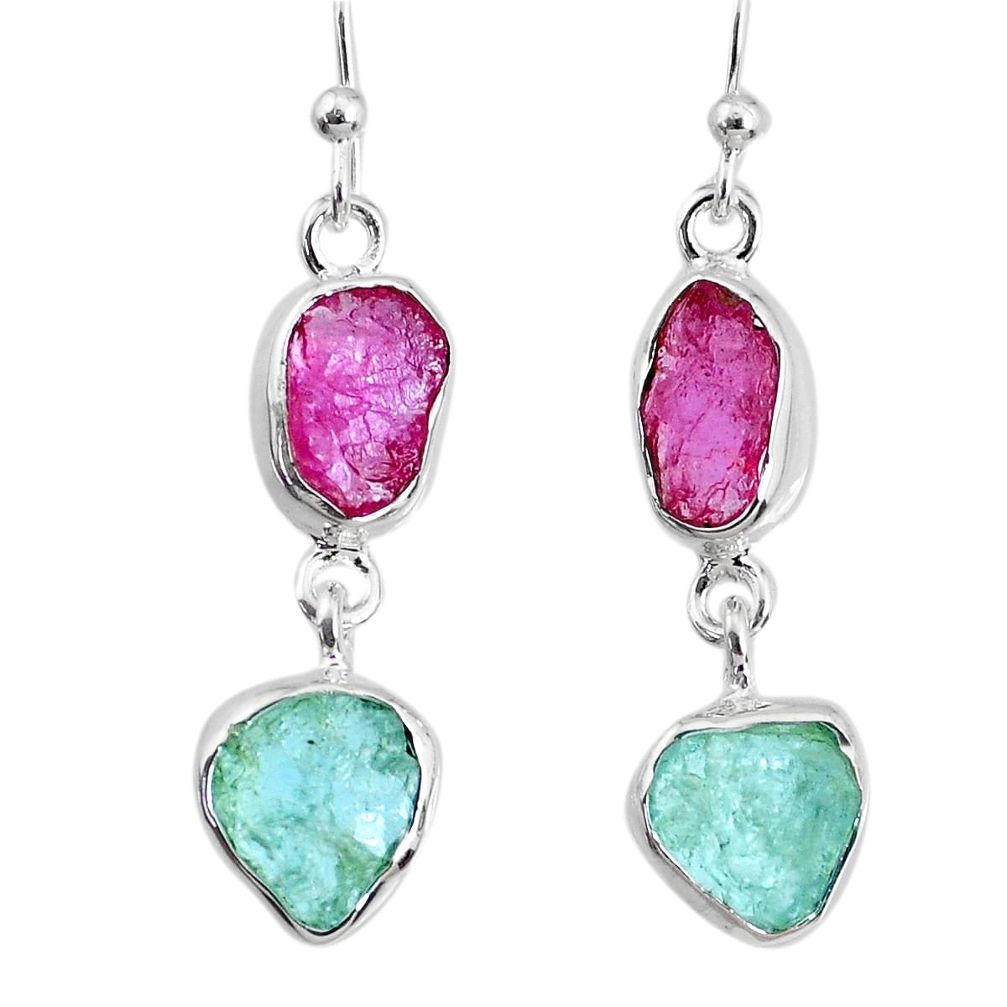 10.30cts natural pink ruby raw aquamarine rough 925 silver earrings r74309