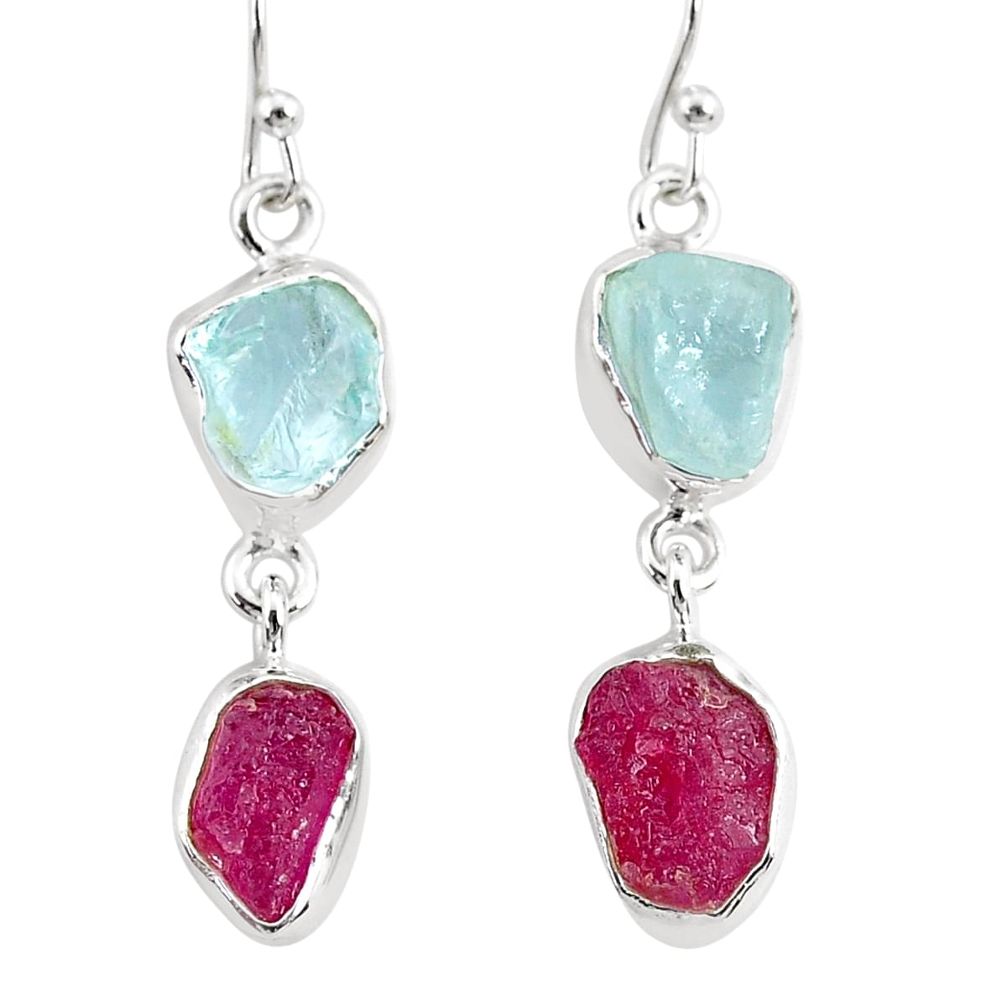 11.57cts natural pink ruby raw aquamarine rough 925 silver earrings r93666