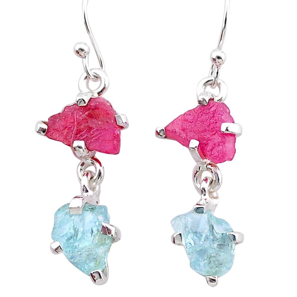 8.15cts natural pink ruby rough aquamarine raw 925 silver earrings t25581