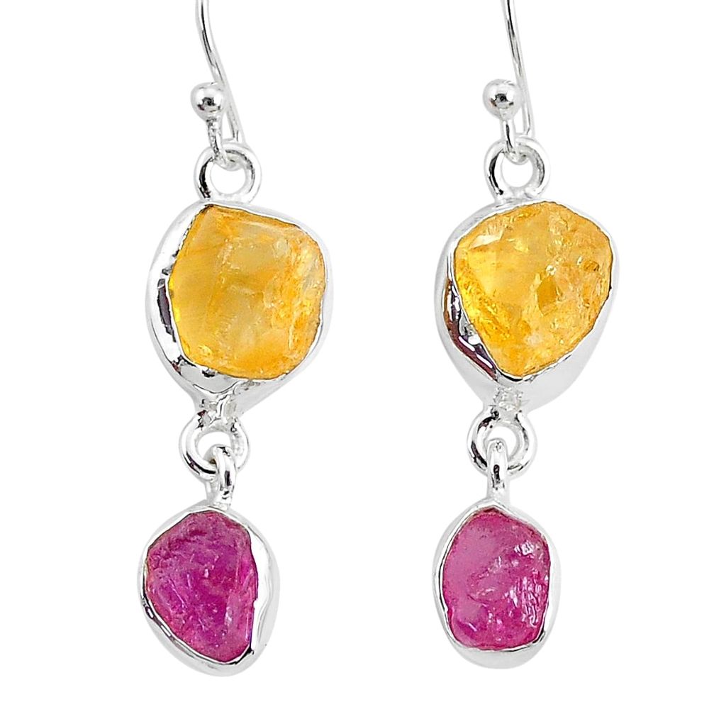 12.12cts natural pink ruby raw citrine rough 925 silver dangle earrings r93742