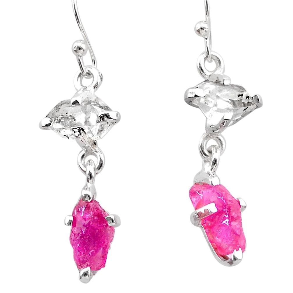 8.10cts natural pink ruby rough herkimer diamond 925 silver earrings t25544
