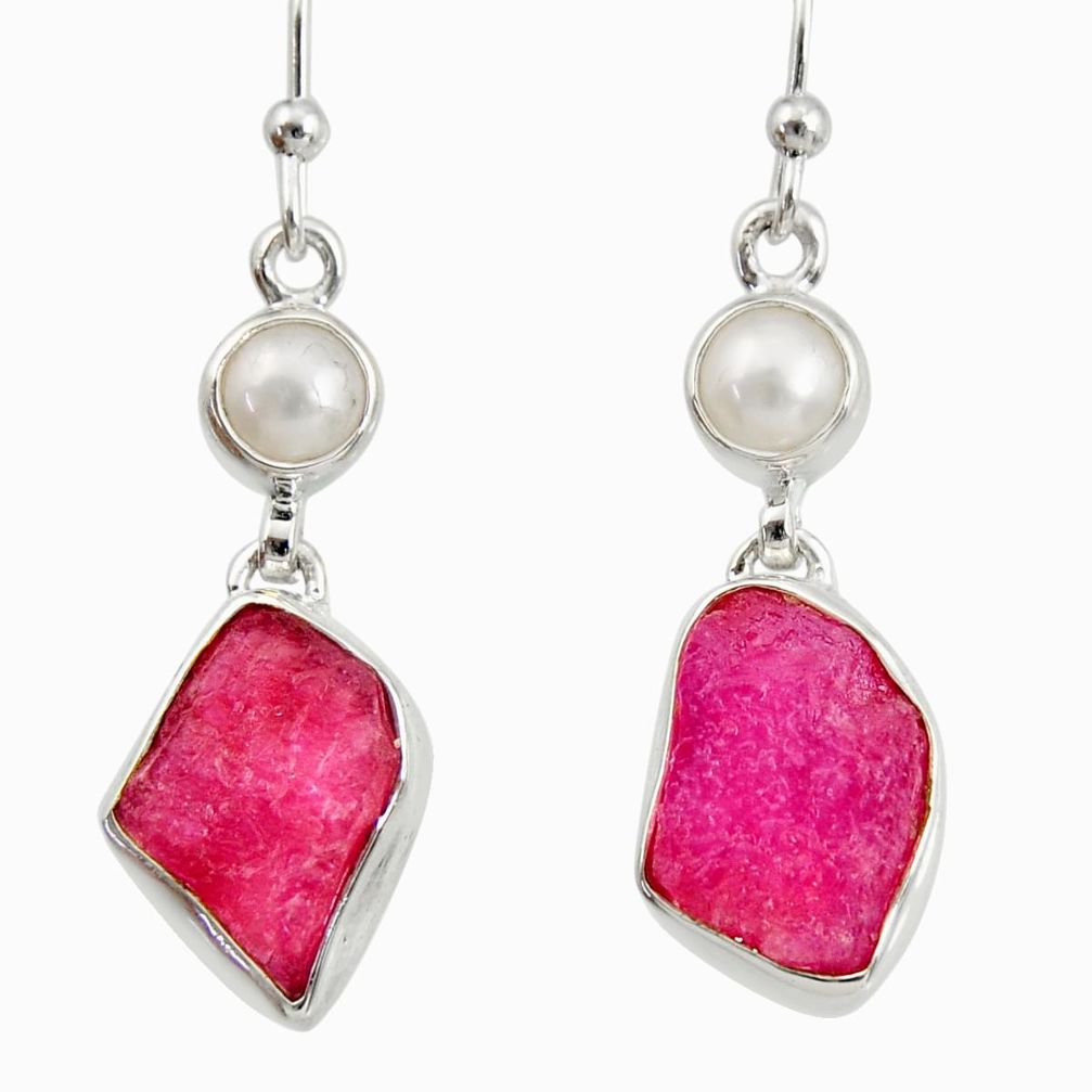 12.34cts natural pink ruby rough white pearl 925 silver dangle earrings d40321