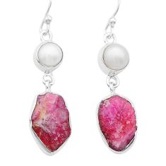 13.51cts natural pink ruby rough white pearl 925 sterling silver earrings u67116