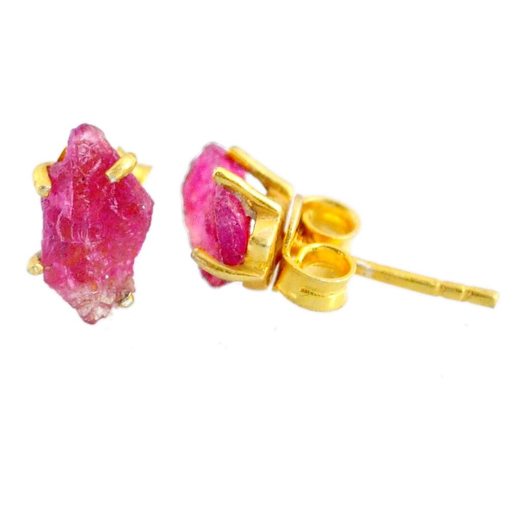 4.14cts natural pink stud raw 925 sterling silver 14k gold earrings r70469