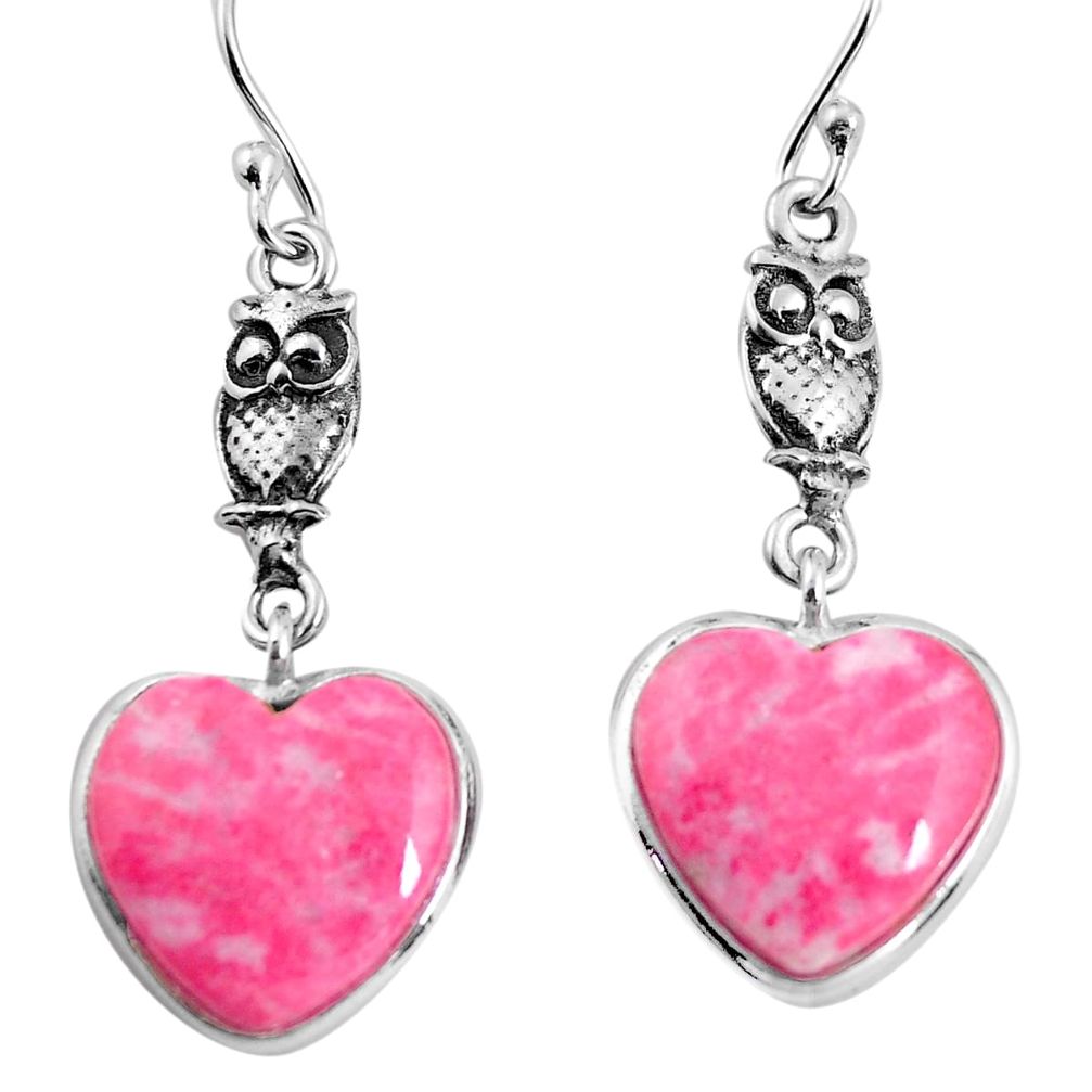 14.06cts natural pink thulite heart 925 silver owl earrings jewelry p91841