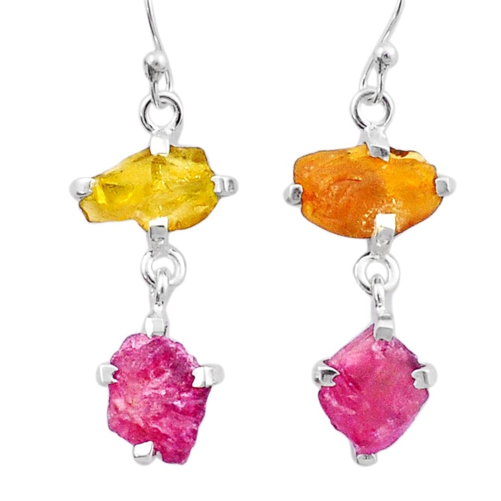 10.05cts natural pink yellow tourmaline rough 925 silver dangle earrings u26863