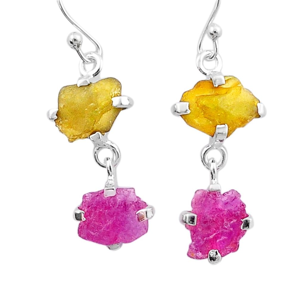 9.88cts natural pink yellow tourmaline rough 925 silver dangle earrings u26869