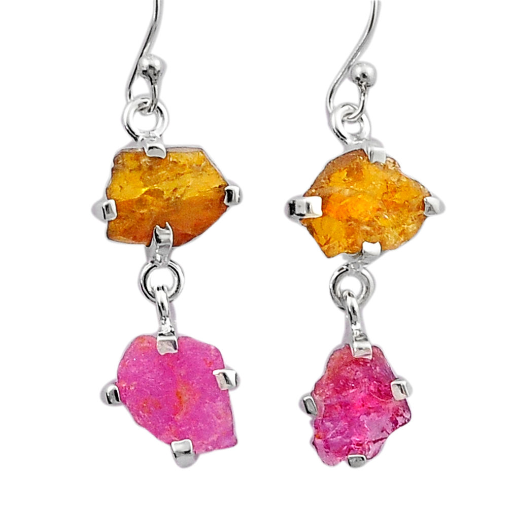 10.05cts natural pink yellow tourmaline rough 925 silver dangle earrings u26876