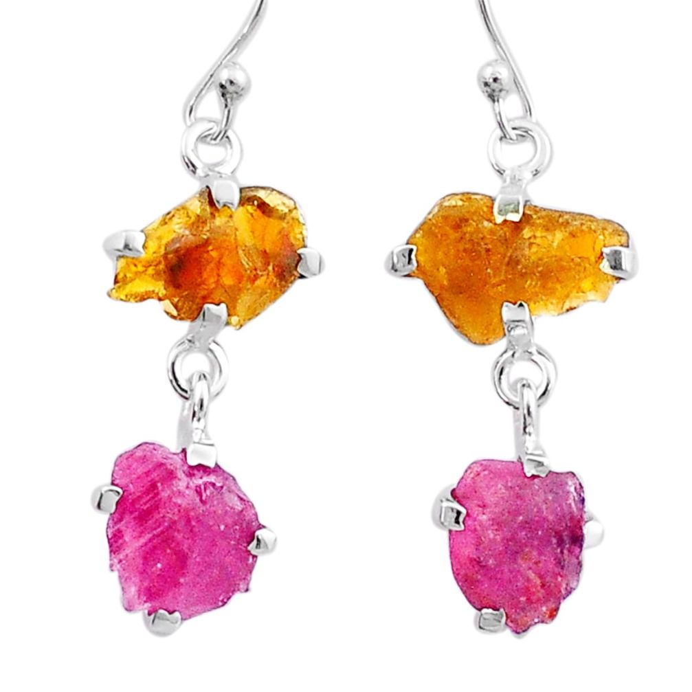 11.42cts natural pink yellow tourmaline rough 925 silver dangle earrings u26879