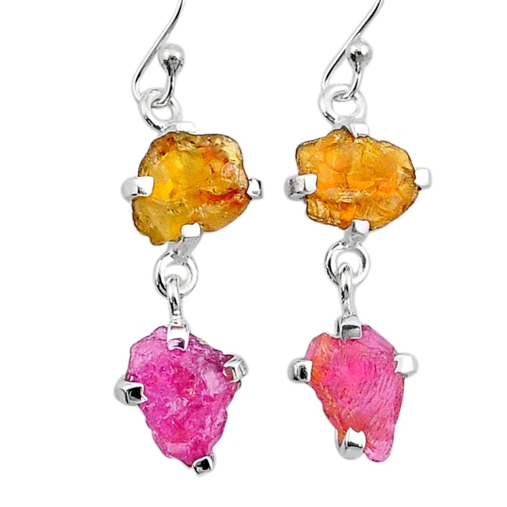 9.91cts natural pink yellow tourmaline rough 925 silver dangle earrings u26885