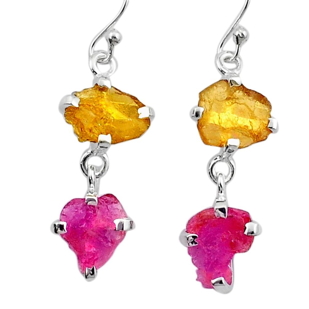 9.91cts natural pink yellow tourmaline rough 925 silver dangle earrings u26898