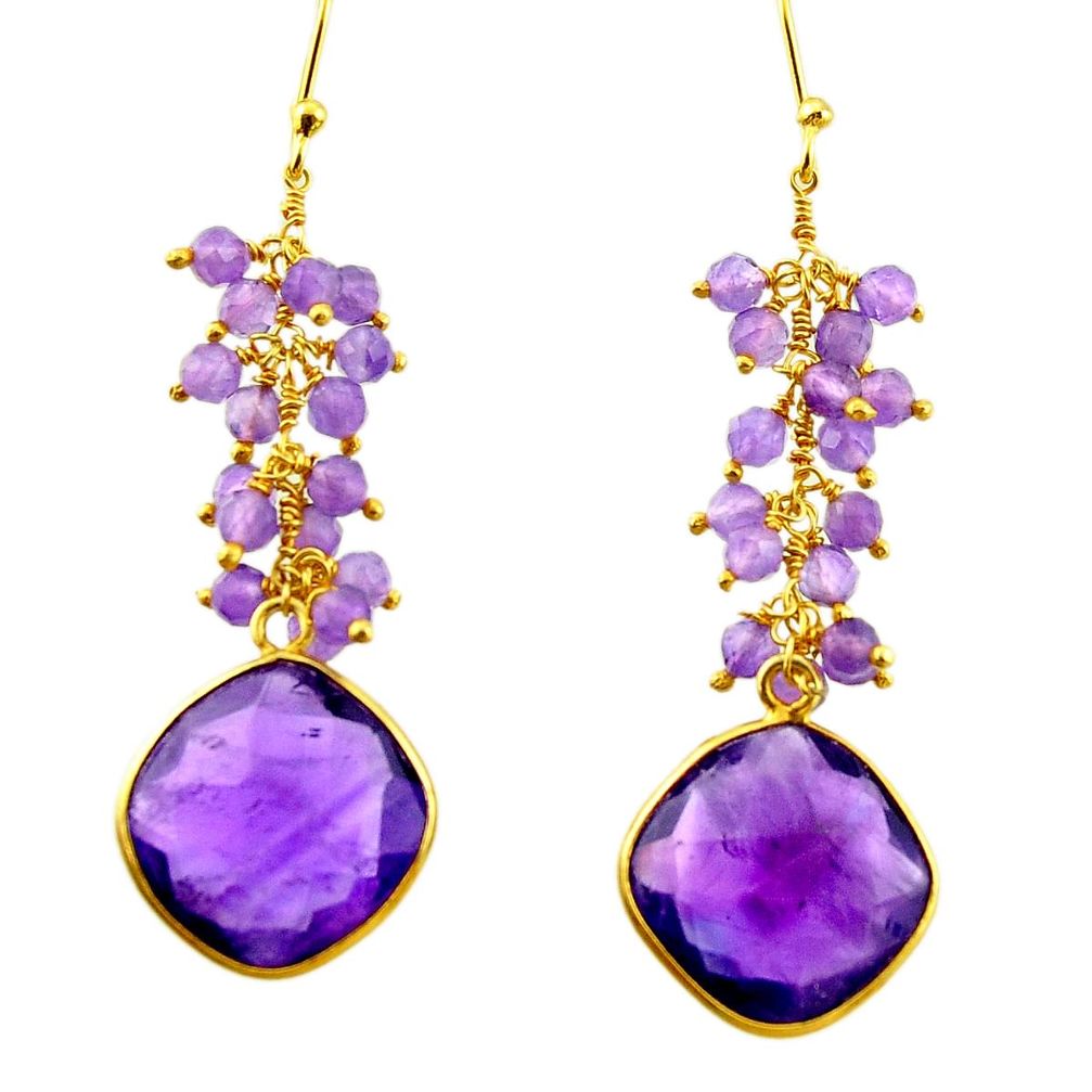 22.16cts natural purple amethyst 925 silver 14k gold dangle earrings r31565