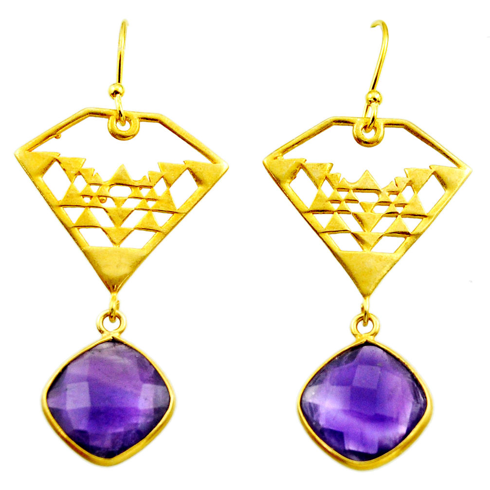 12.31cts natural purple amethyst 925 silver 14k gold dangle earrings r31586