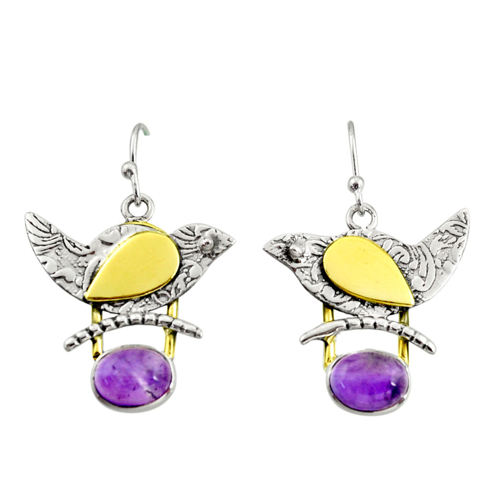 4.17cts natural purple amethyst 925 silver 14k gold dangle earrings r37255