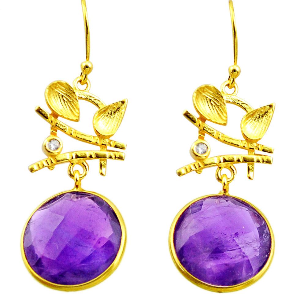 17.39cts natural purple amethyst 925 silver 14k gold dangle earrings r38462