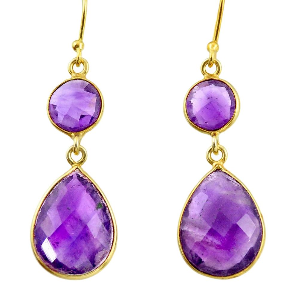 15.34cts natural purple amethyst 925 silver 14k gold dangle earrings r38482