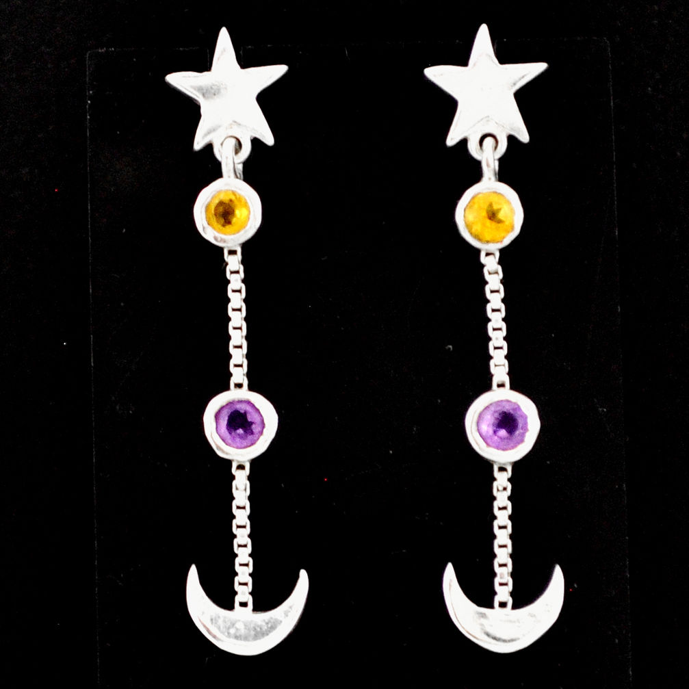 1.97cts natural purple amethyst citrine 925 silver moon star earrings r71212