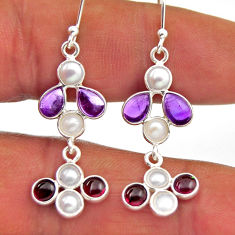 4.49cts natural purple amethyst garnet pearl 925 silver dangle earrings n28860