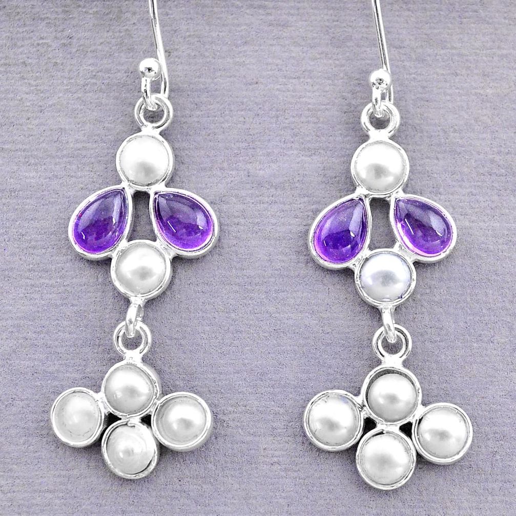 7.65cts natural purple amethyst pearl 925 silver chandelier earrings t12435
