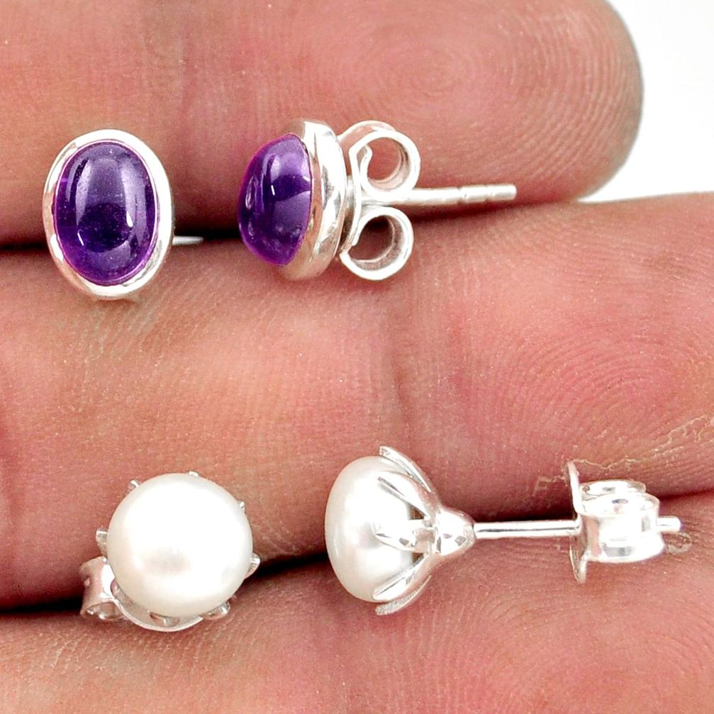 6.04cts natural purple amethyst pearl 925 sterling silver stud earrings r41286