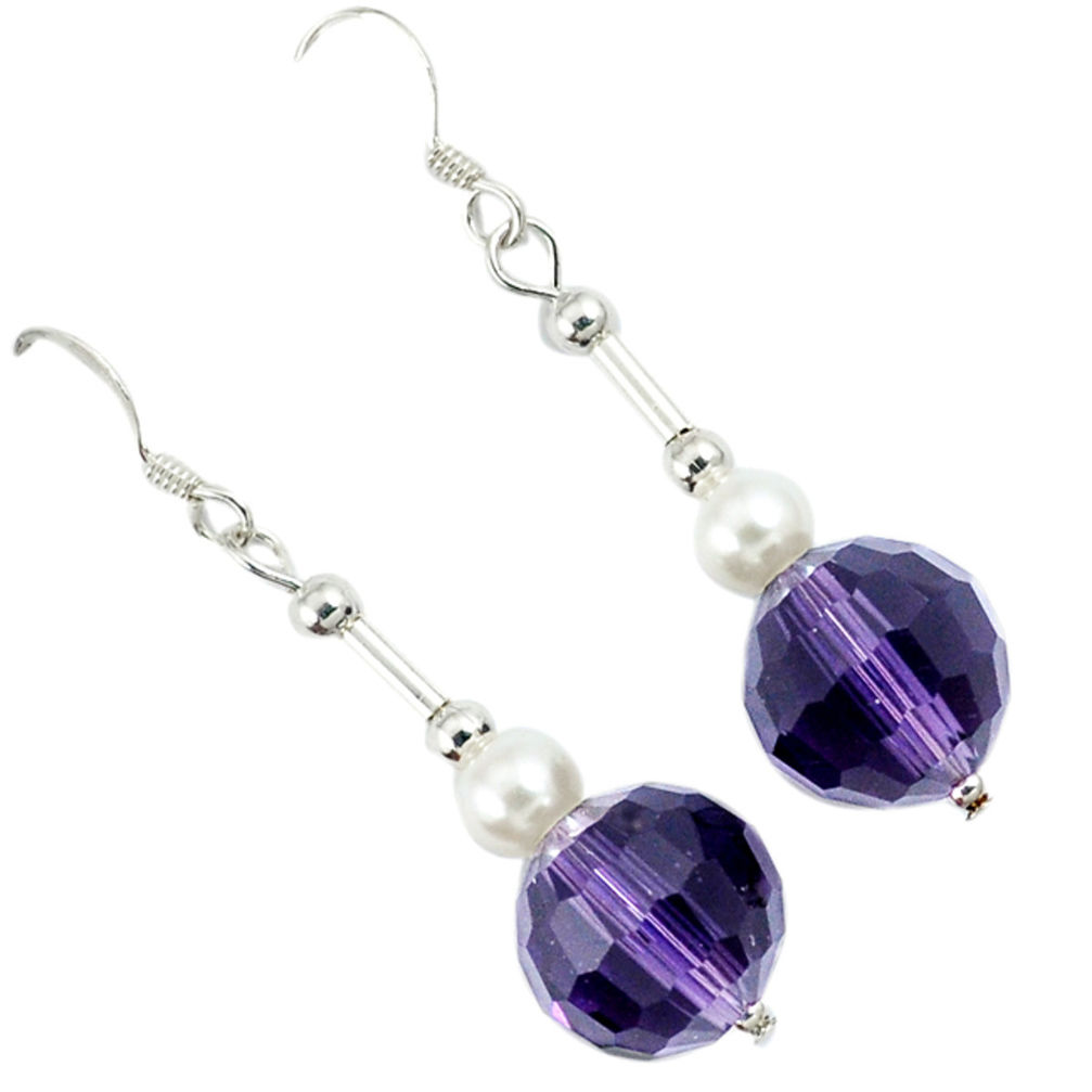 14.73cts natural purple amethyst pearl beads silver dangle earrings c21020