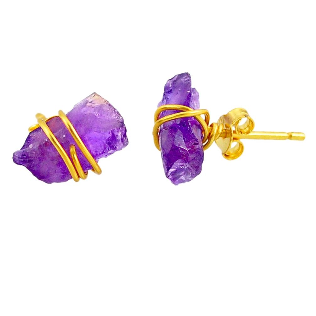 5.97cts natural purple amethyst raw fancy 14k gold handmade stud earrings r79765