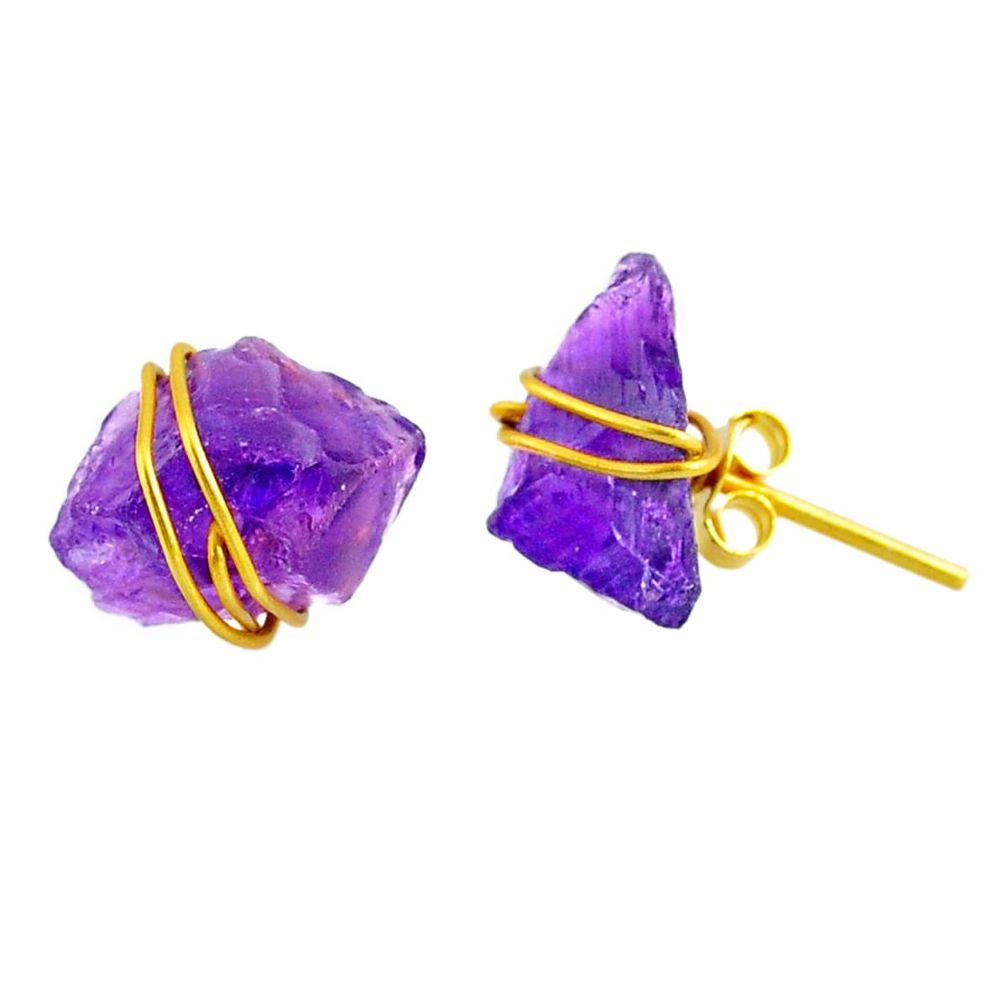 8.32cts natural purple amethyst raw 14k gold handmade stud earrings r79767