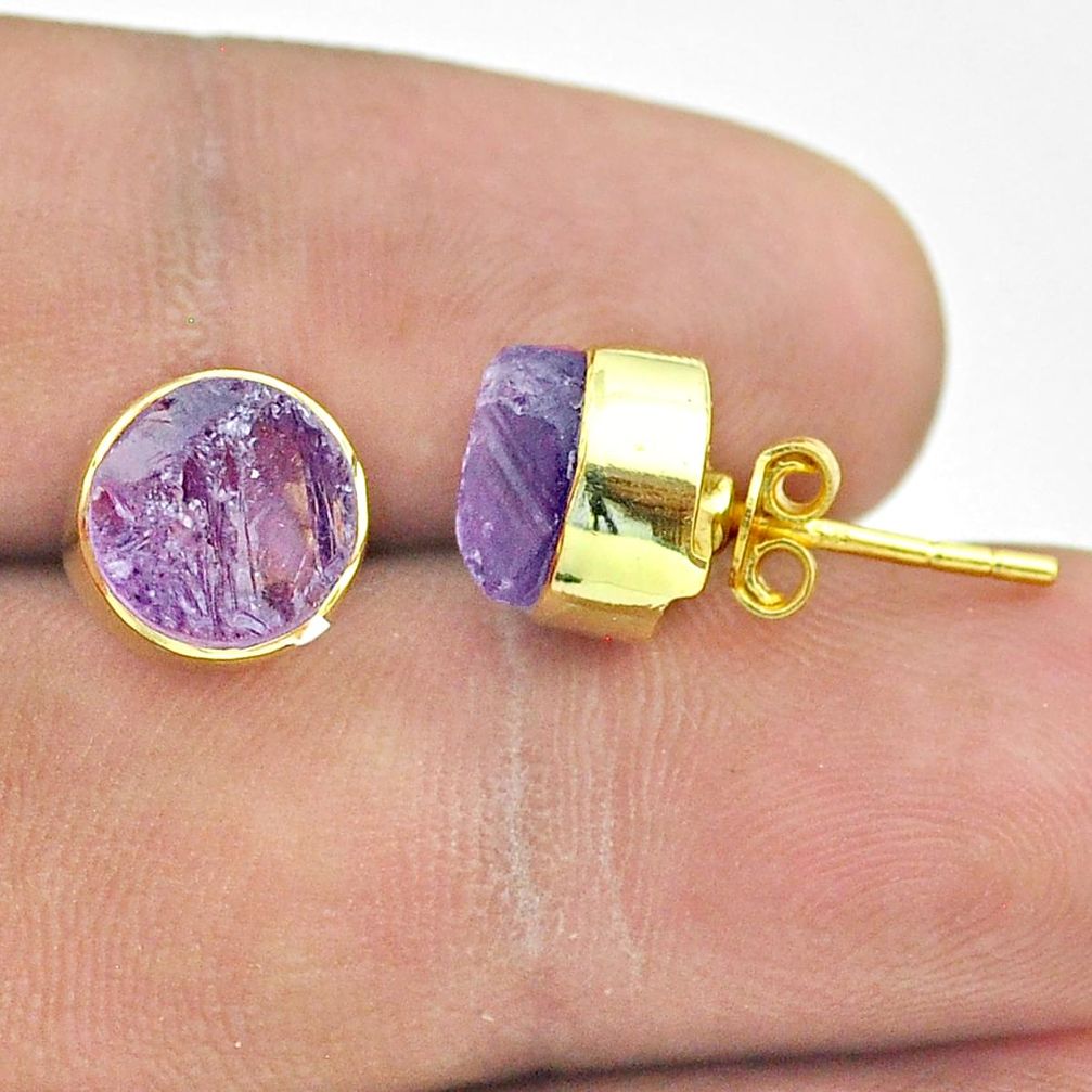 6.70cts natural purple amethyst raw 925 silver 14k gold stud earrings t52346