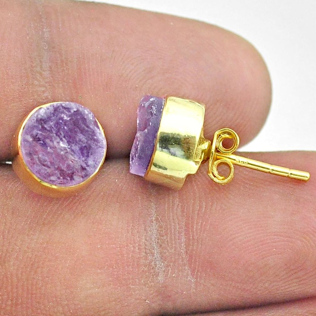 7.11cts natural purple amethyst raw 925 silver 14k gold stud earrings t52353