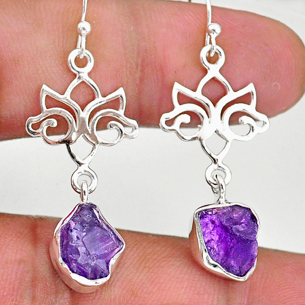 8.60cts natural purple amethyst raw 925 silver deltoid leaf earrings r89885