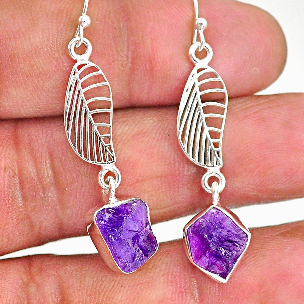 10.33cts natural purple amethyst raw 925 silver deltoid leaf earrings r89890