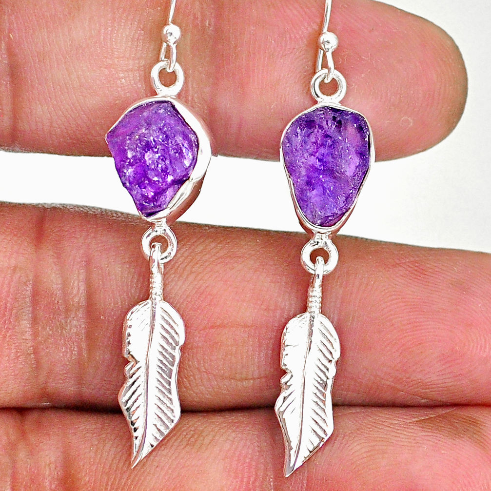 10.33cts natural purple amethyst raw 925 silver deltoid leaf earrings r89891